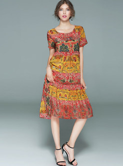 Ethnic Floral Print Short Sleeve Shift Dress