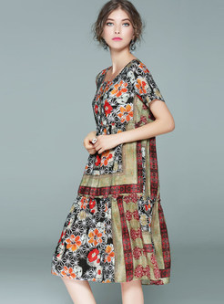 Stitching Floral Print Loose Silk Shift Dress