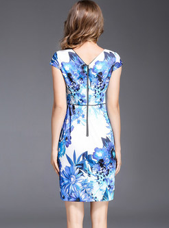 Blue Slim Print Short Sleeve Bodycon Dress