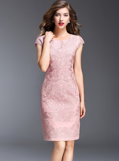 Pink Embroidered Short Sleeve Bodycon Dress