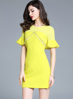 Elegant Flare Sleeve Tassel Yellow Bodycon Dress
