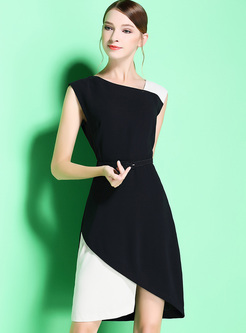 Elegant Brief Color-blocked Asymmetric Sheath Dress