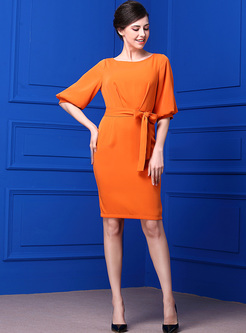 Orange Elegant Puff Sleeve Sheath Dress