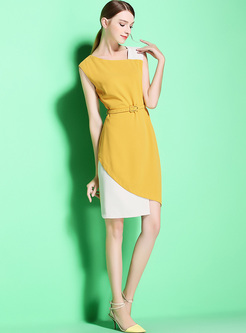Elegant Brief Color-blocked Asymmetric Sheath Dress