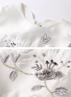 Nail Bead Embroidered Sleeveless White Skater Dress