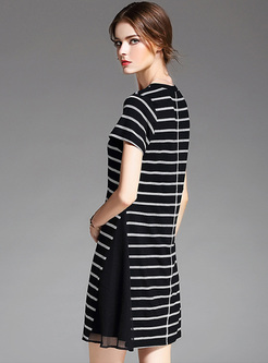 Slim Mesh Patch Striped T-shirt Dress