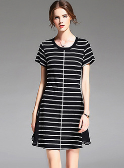 Slim Mesh Patch Striped T-shirt Dress