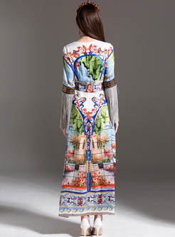 Court Multicolor Print Waist Tassel Maxi Dress