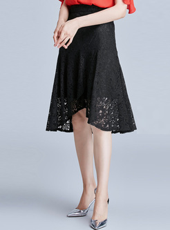 Chic Black Lace High Waist Asymmetric Skirt