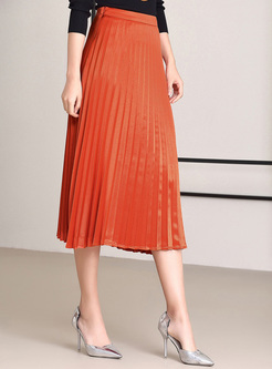 Orange Elegant High Waist Pleat Skirt