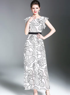 Fashionable Print Falbala Accept Waist Slim Maxi Dress 