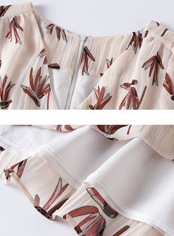 Casual V-neck Lotus Sleeve Print Waist Maxi Dress
