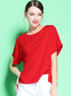 Red Casual Loose Bat Sleeve T-shirt