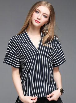 Casual V-neck Striped Short Sleeve Cotton Blouse