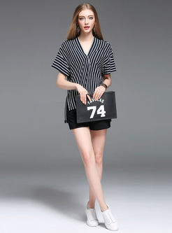 Casual V-neck Striped Short Sleeve Cotton Blouse