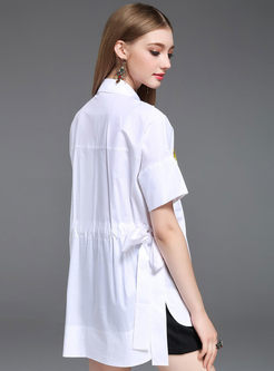 Casual Turn Down Collar Embroidered Short Sleeve Blouse