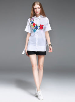 Casual Turn Down Collar Embroidered Short Sleeve Blouse