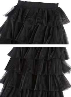 Sexy Pure Color Splicing O-neck Blouse & Gauze Splicing Slim Tiered Skirt