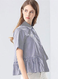 Casual Striated Turn-down Collar Short Sleeve Blouse 