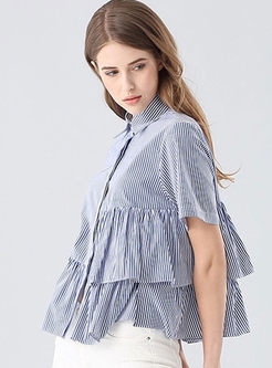 Casual Striated Turn-down Collar Short Sleeve Blouse 