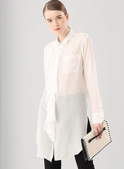 Casual Pure Color Asymmetrical Turn-down Collar Long Blouse 