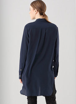 Casual Pure Color Asymmetrical Turn-down Collar Long Blouse 