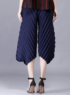 Casual Pure Color Loose Pleated Asymmetrical Wide Leg Pants 
