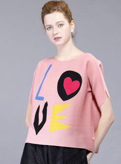 Casual Cartoon Love Print Pleated Loose T-shirt 