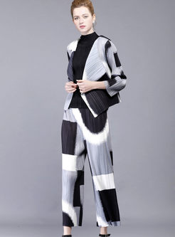 Work Print Pleated Color Blocking Turn-down Collar Two-piece Outfits 