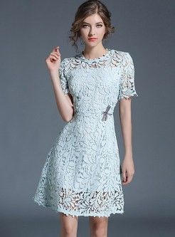 Hollow Out Sequins Lace Skater Dress