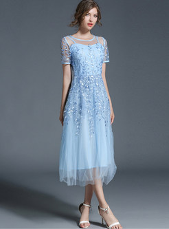 Elegant Mesh Embroidered Short Sleeve Maxi Dress
