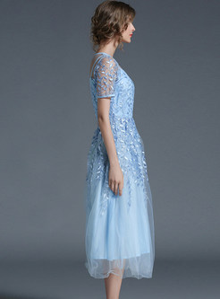 Elegant Mesh Embroidered Short Sleeve Maxi Dress