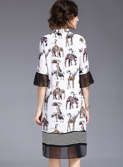Animal Print Silk Stand Collar Shift Dress