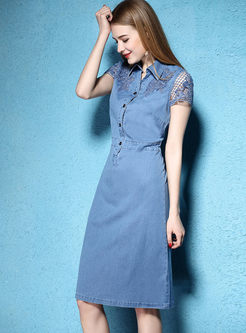 Casual Embroidered Hollow-out Turn-down Collar Sheath Denim Skater Dress 
