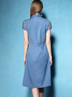 Casual Embroidered Hollow-out Turn-down Collar Sheath Denim Skater Dress 