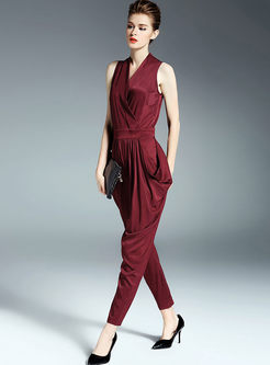 Sexy Pure Color V-neck Sleeveless Sheath Jumpsuits