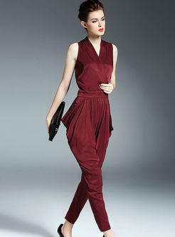 Sexy Pure Color V-neck Sleeveless Sheath Jumpsuits