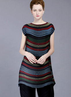 Casual Striated O-neck Pleated Loose T-shirt