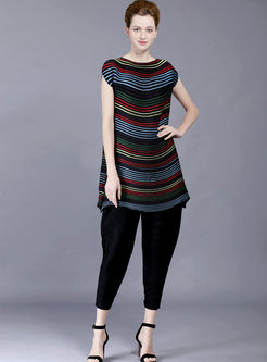 Casual Striated O-neck Pleated Loose T-shirt
