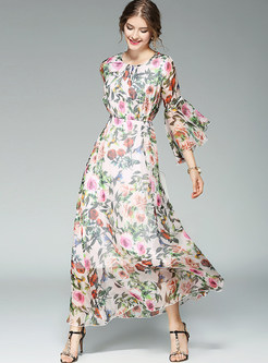 Bohemian Floral Print Flare Sleeve Maxi Dress
