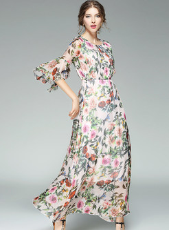 Bohemian Floral Print Flare Sleeve Maxi Dress