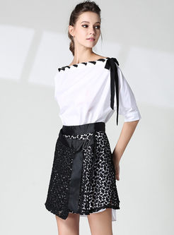 Sexy Slash Collar Splicing Half Sleeve Blouse & Lace Hollow-out Sheath Skirt 