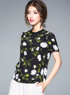 Silk Floral Print Short Sleeve Blouse