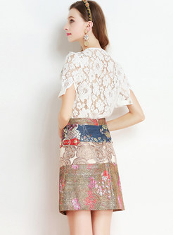 Ethnic Lace Embroidered Blouse & Jacquard Nail Drill Skirt