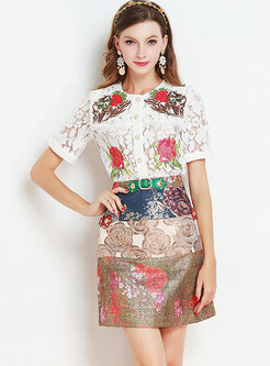 Ethnic Lace Embroidered Blouse & Jacquard Nail Drill Skirt