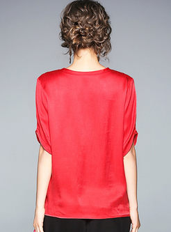 Brief Pure Color O-neck Twist Knot Loose T-shirt