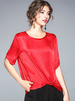Brief Pure Color O-neck Twist Knot Loose T-shirt
