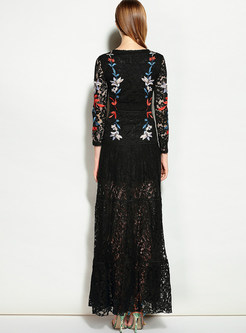 Black Lace Hollow Out Embroidered Maxi Dress