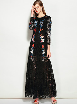 Black Lace Hollow Out Embroidered Maxi Dress