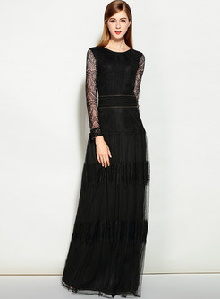 Elegant Black Lace Long Sleeve Maxi Dress